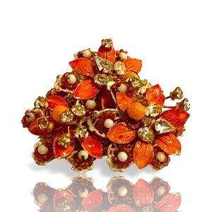 Vintage Unsigned Originals by Robert Orange enamel crystal Floral Brooch